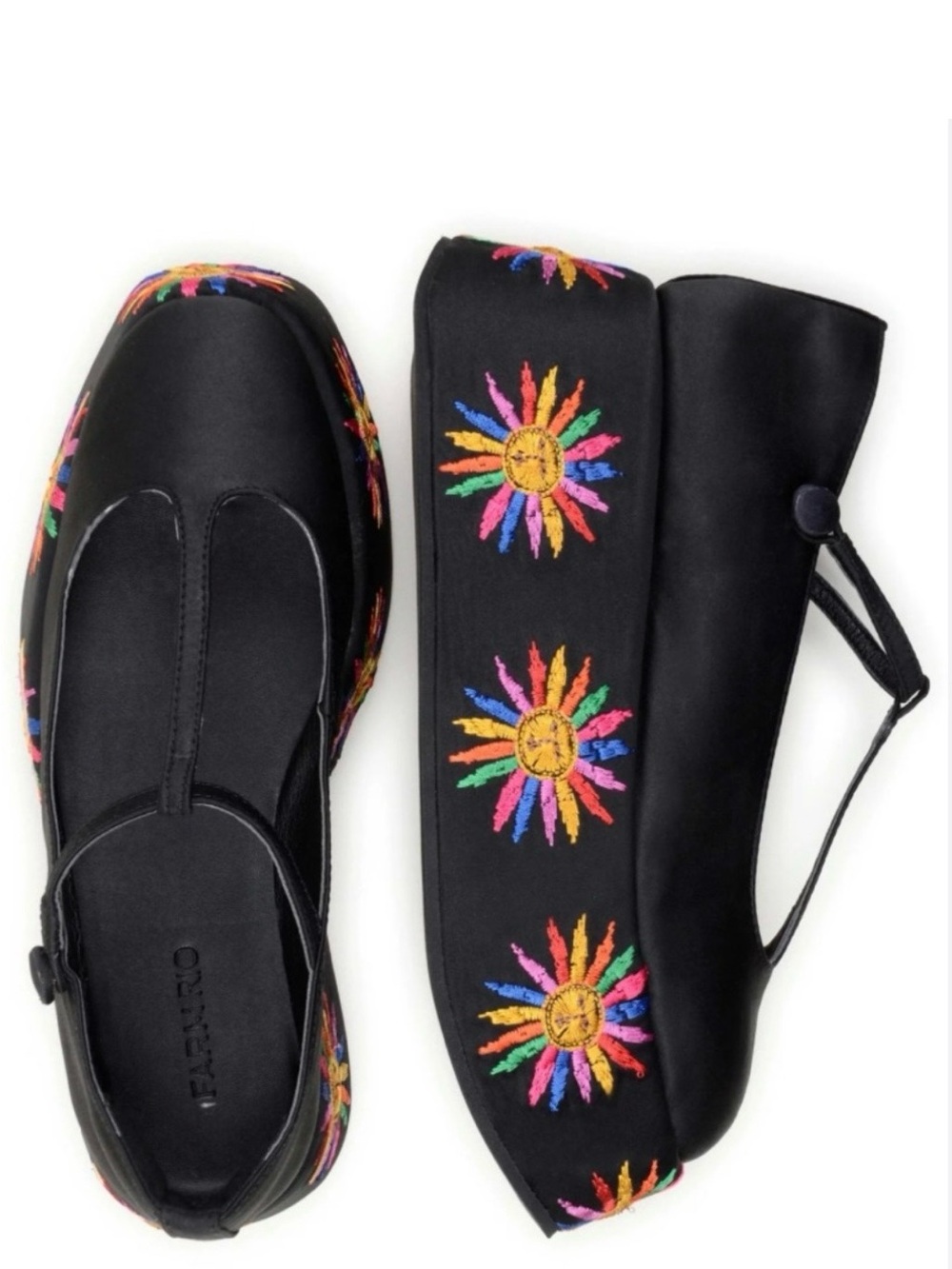 FARM Rio Black Ballet Flats with Multicolor Sunflower Embroidery